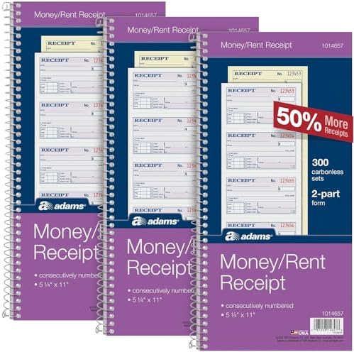 Adams Receipt Book - 300 Sets per Book, for Money and Rent - 2-Part Carbonless - 5-1/4" X 11" - Spiral Bound Receipt Book with Carbon Copies - 4 Receipts Per Page - 3 Pack