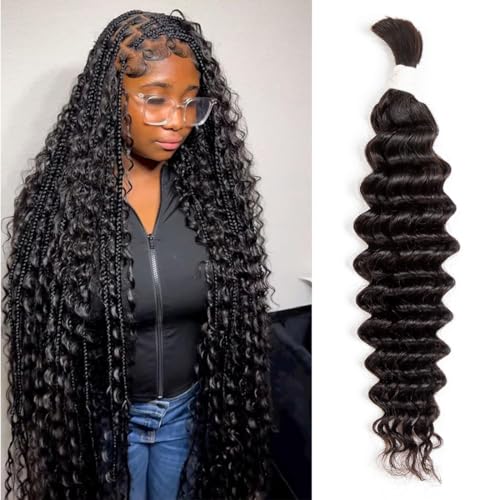 Human Braiding Hair Deep Wave Bulk Human Braiding Hair For Boho Braids No Weft 1 Bundle 50g 28 Inch Deep Curly Hair For Boho Knotless Braids Wet And Wavy Brazilian Unprocessed Virgin Hair Extensions