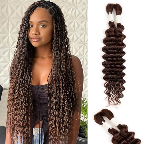 28 Inch Human Braiding Hair Deep Water Wave 2 Bundles/Pack 50g, Dark Brown Bulk Human Hair Braiding Hair for Boho Braids, Curly Wet and Wavy Braiding Boho Human Hair for Braiding No Weft