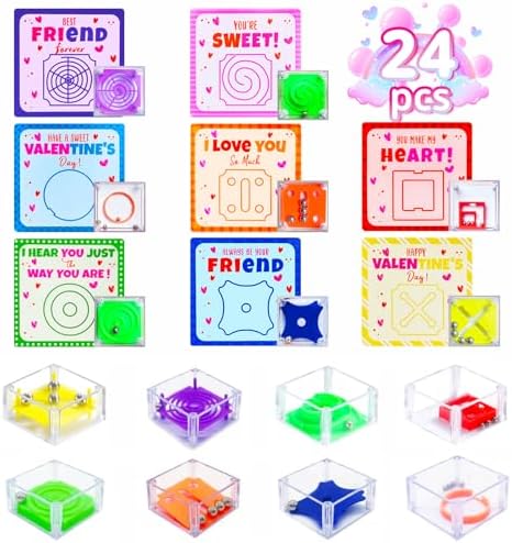 24 Pack Valentines Day Gifts for Kids Classroom- Valentine's Day Cards Mini Cute Rolling Ball Game Toy, Happy Valentines Day Exchange Cards Gift Set, School Party Favors for Girls Boys 3+