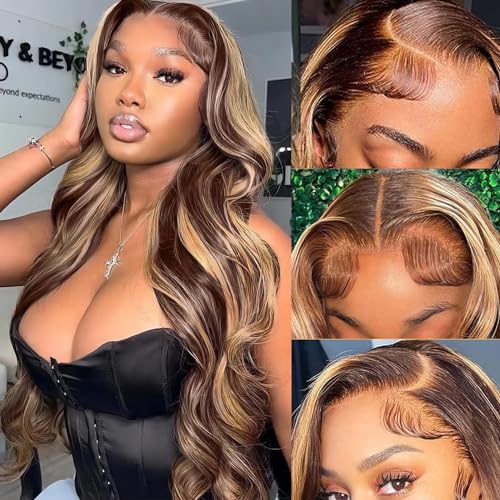 Highlight Ombre 13x6 Lace Front Body Wave Wigs Human Hair Pre Plucked Honey Blonde 4/27 Colored Wig Transparent HD 13x6 Body Wave Frontal Wigs With Baby Hair 32 Inch