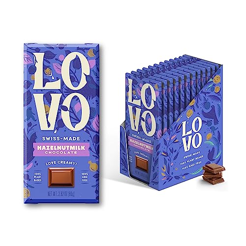 LOVO Hazelnutmilk Chocolate Bar, Dairy Free & 100% Plant-Based & Dairy Free Milk Chocolate, Creamy and Delectable Vegan Milk Chocolate Made With Hazelnut Milk, Non-GMO, Gluten-Free, Swiss-made, 2.82 oz (Pack of 12)