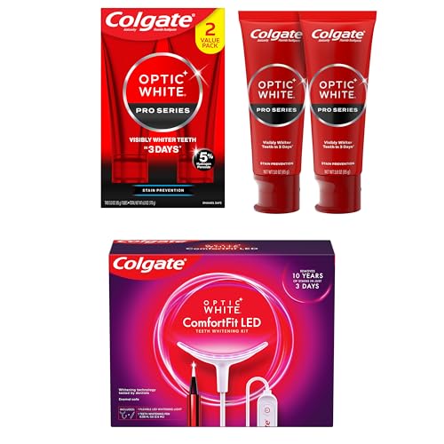 Bundle of Colgate Optic White ComfortFit Teeth Whitening Kit with LED Light and Whitening Pen+ Colgate Optic White Whitening Toothpaste with 5% Hydrogen Peroxide, Stain Prevention, 3 oz Tube, 2 Pack