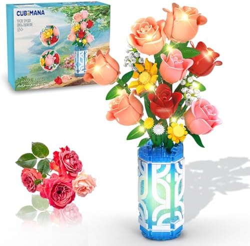 Flowers Bouquet Building Set with Vase & LED Light, 14 Mini Roses Flower Botanical Building Blocks Toy, Gifts for Valentines Day for Her & Him, DIY Artificial Roses Flowers Home Office Decor