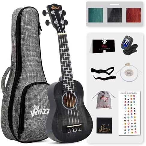 WINZZ HAND RUBBED Series - 21 Inches Soprano Ukulele Vintage Hawaiian Uke with Online Lessons, Bag, Tuner, Strap, Extra Strings, Fingerboard Sticker, Black