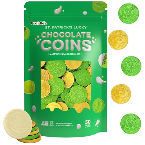 St. Patrick's Day White Milk Chocolate Coins, 50 Green and Gold Coins, Belgian Nut-Free Milk Chocolate, Kosher (50 Coins)