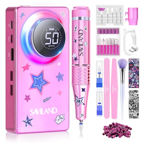 SAVILAND Powerful Electric Nail Drill Professional: 50000RPM Nail Filer Electric Nail File Rechargeable Nail Drill Kit Portable Nail Efile 2 Ceramic Bit 2 Sticker for Fast Remove Acrylic Nail