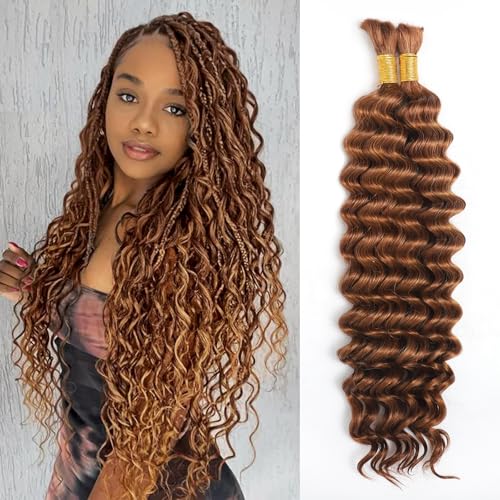 Human Braiding Hair for Boho Braids, Deep Wave Bulk Boho Braids Human Hair for Boho Knotless Braids Curly Bohemian Water Wave Braiding 70g 20 Inch Auburn Ginger (2 No Weft Bundles/Pack)