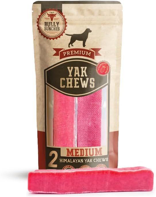 Bully Bunches Premium Strawberry Himalayan Yak Chew for Dogs, 100g, All-Natural, Long-Lasting, Authentic Yak Milk, Healthy Dental Chew, High-Protein, Grain-Free (Medium, 2 Pack)