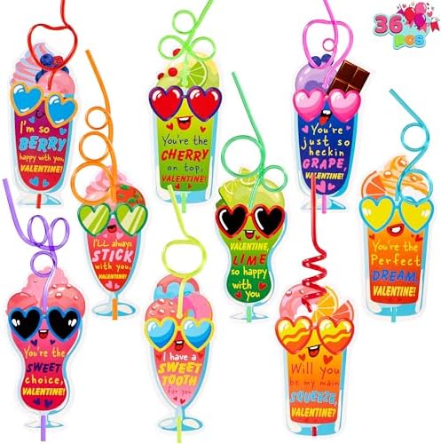 JOYIN 36 Pack Valentines Day Gift Cards with Colorful Loop Reusable Drinking Straws for Kids Valentine Party Favor, Classroom Gift Exchange, School Prizes