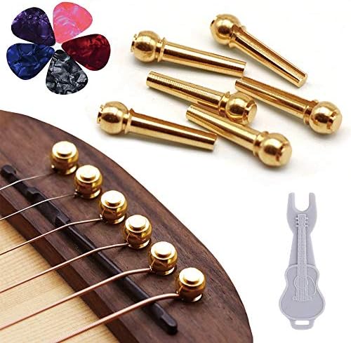 Guitar Bridge Pins 6pcs Pure Brass Endpin for Acoustic Guitar 6 Strings Nail Pegs Fixed Cone, Replacement Parts with Bridge Pin Puller Remover & 5 Guitar Picks - Kimlong