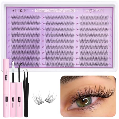 ALICE Natural Lash Clusters Kit Clear Band Wispy Lash Extension Kit Cluster Eyelash Extension Kit 162pcs C Curl 11-13mm Individual Lashes with Lash Glue Bond and Seal and Tweezers DIY at Home