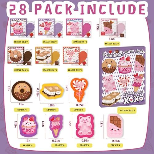 Valentines Erasers - 28 Pack Valentines Day Cards for Classroom with Animals Scented Erasers for Girls Kids Boys Valentines Basket Stuffers, Valentines Day Bags Boxes Stuffers, Party Favors