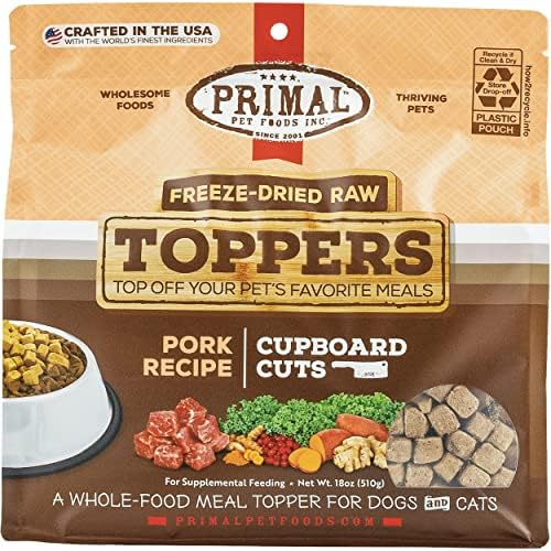 Primal Dog Food Toppers & Cat Food Toppers, Cupboard Cuts, Grain Free Meal Mixers with Probiotics, Raw Freeze Dried Dog Treats & Cat Treats, Great for Training (Pork, 18 oz)