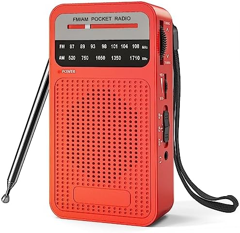 Portable Radio AM FM, Goodes Transistor Radio with Loud Speaker, Headphone Jack, 2AA Battery Operated Radio for Long Range Reception, Pocket Radio for Indoor, Outdoor and Emergency Use-Red