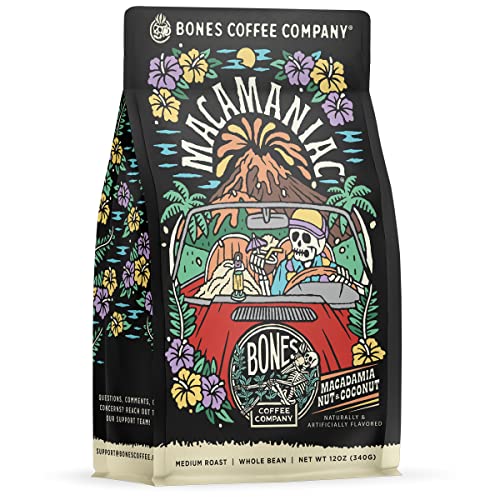 Bones Coffee Company Macamaniac Flavored Coffee Beans, Whole Bean Coffee Medium Roast Low Acid, Macadamia and Coconut Flavor (12 oz)