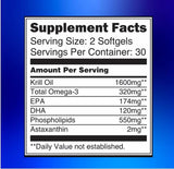 Antarctic Krill Oil 1600mg with Astaxanthin 2mg, Omega-3 320mg, Phospholipids,Fatty Acids EPA,DHA-Support Healthy Joints,Hair,Skin-800mg per Softgel, 60 Krill Oil Softgels with Lemon Flavor