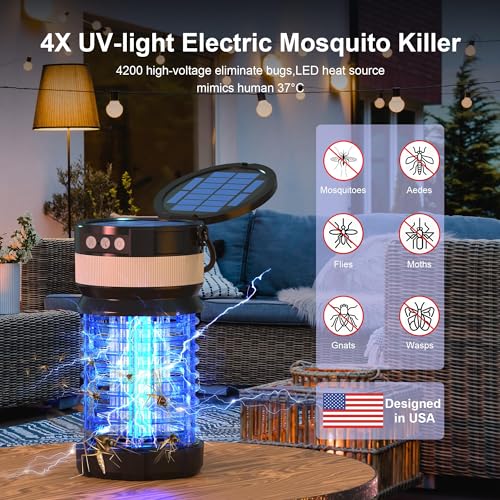 Solar Bug Zapper Outdoor,Cordless Rechargeable Mosquito Zapper, 4200V High Power,Waterproof,Electric Fly Zapper Zapper for Outdoor Home Garden Patio Backyard (3, Black-Dual mode)