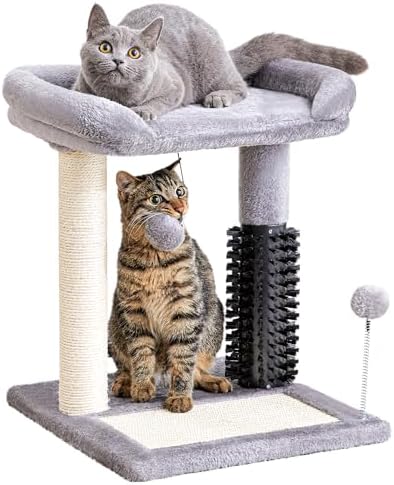 Made4Pets Small Cat Tree Tower, Cat Scratching Post 4-in-1 with Cat Self Groomer Brush, 20" Tall Natural Sisal Cat Scratcher, Soft Plush Cat Perch Bed with Dangling Ball for Indoor Kittens, Grey