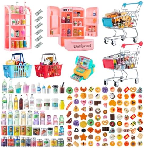 164Pcs Mini Shopping Cart Basket Miniature Food Drink Toy Supermarket Metal Handcart Trolley DollHouse Store Grocery Accessories Kitchen Play Game Party Model Shelves Cash Register Refrigerator Fridge