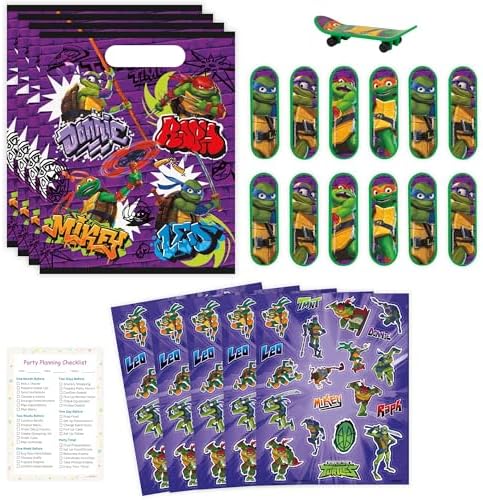 Unique Ninja Turtle Party Favors Pack - 16 Guests - TMNT Party Favor Bags, Sticker Sheets, Mini Skateboards, Checklist - Teenage Mutant Ninja Turtle Party Decorations & Supplies