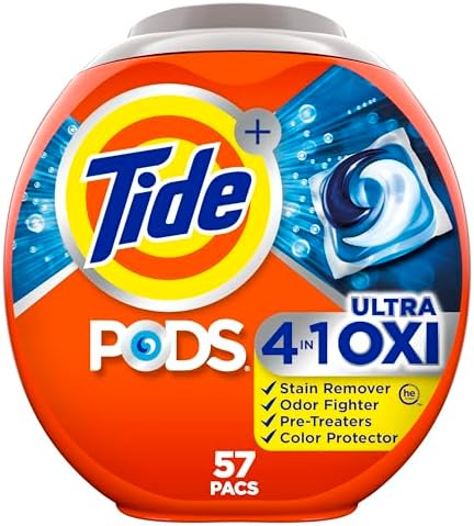 Tide PODS Liquid Laundry Detergent Soap Pacs, 4-n-1 Ultra Oxi, HE Compatible, Built in Pre-treater for Stains, 57 Count