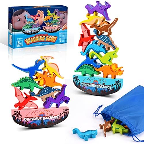 Dinosaur Toys for Kids 3-5: Wooden Stacking Montessori Toys for 3 4 5 6 7 Year Old Balance Competition Game for Family Ideal Easter Birthday Gifts for Kids Ages 3-7 (Double Version)