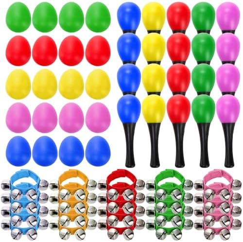 60 Pcs Shaker Musical Instruments, 20 Pcs Kids Egg Shaker with 20 Pcs Wrist Hand Band Bells and 20 Pcs Sand Hammer Shaker, Kids Music Early Learning Percussion Toy, Ideal Gift for Music Lovers
