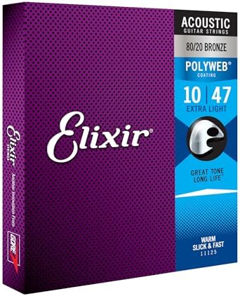 Elixir Strings, Acoustic Guitar Strings, 80/20 Bronze with POLYWEB Coating, Longest-Lasting Warm Tone with Comfortable Feel, 6 String Set, Extra Light 10-47
