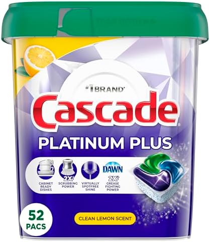 Cascade Platinum Plus Dishwasher Pods, Dish Detergent ActionPacs, Cleaning Supplies, Lemon, 52 Count