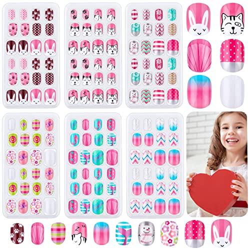 Kids Press on Nails, Thrilez 144Pcs Girls False Nails Children Artificial Fake Nail Tips Pre Glue Stick on Short Nails Decoration Gift for Kids Teens Girls Age 7 12 (Colorful Days)