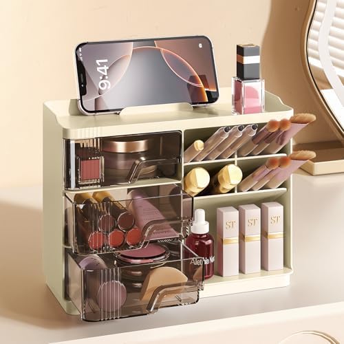 Delamu Makeup Organizer with Drawers, Multi-Function Vanity Organizer Countertop, Stackable Desk Organizer for Makeup Brush Lipstick Skincare Bathroom Vanity Organization and Storage, Yellow
