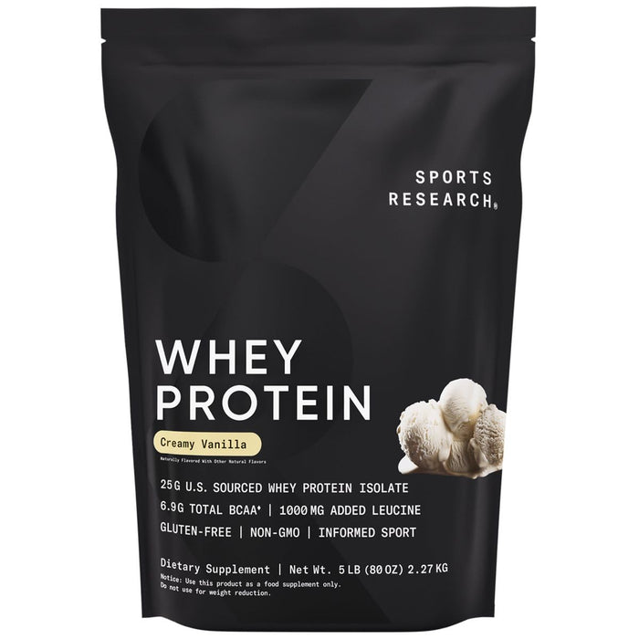 Sports Research Whey Protein - Sports Nutrition Whey Isolate Protein Powder for Lean Muscle Building & Workout Recovery - 5 lb Bag Bulk Protein Powder - Creamy Vanilla, 63 Servings