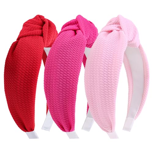 YanJie Knotted Headband - Wide Non-Slip Knot Hair Accessory for Women and Girls, Red Heart Hot Pink Waffle Design