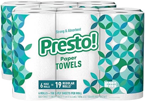 Amazon Brand - Presto! Flex-a-Size Paper Towels, 158 Sheet Huge Roll, 12 Rolls (2 Packs of 6), Equivalent to 38 Regular Rolls, White