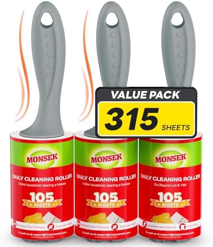 4X Extra Sticky Lint Roller for Pet Hair, Lint Rollers 315 Sheets Mega Value Set, Pet Hair Remover with 3 Upgraded Handle 3 Rollers, Portable Lint Remover for Clothes, Furniture, Dog & Cat Hair