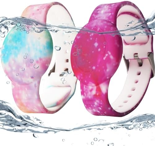 2 Pack Waterproof AirTag Bracelet for Kids, Hidden Printed Wristband for Apple Air Tag, Silicone AirTag Holder GPS Tracker Case for Band for Child Toddler, Secure Anti-Lost Protection(Pink,Purple)