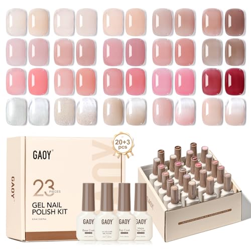 GAOY 23 Pcs Gel Nail Polish Kit, Nude Pink Glitter UV Gel Nail Polish Set with Glossy & Matte Top Coat and Base Coat for Nail Art Home DIY Gel Nail Kit