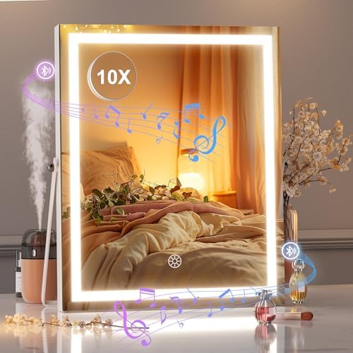 Hasipu Vanity Mirror with Lights and Bluetooth Speaker, 11.4" x 13.8" LED Makeup Mirror with 10X Magnification, Smart Touch 3 Colors Dimmable, Brightness Adjustment, 360° Rotation, White