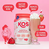 KOS Plant Based Protein Powder, Strawberry and Cream - Organic Pea Protein Blend, Vegan Superfood with 12 Vitamins and Minerals - Made Without Dairy - Meal Replacement for Women & Men, 28 Servings