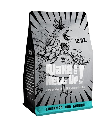 Wake The Hell Up! 12oz Ultra-Caffeinated Cinnamon Bun Ground Coffee, Low Acid, Medium-Dark Roast