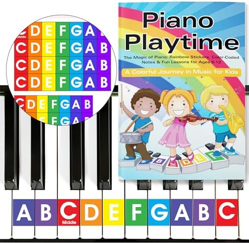 QMG Rainbow Color Piano and Keyboard Sticker and Kids Piano Learning Book Easy to Follow Instructions for Kids, Beginner Piano Book for Children, Easy Piano Sheet Music for Kids