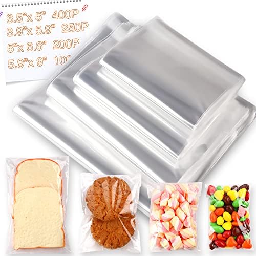 950 PCS Clear Resealable Cellophane Bags 4 Sizes with 3.5×5，3.9×5.9, 5×6.6, 5.9×9 Inches Good for Bakery, Snacks, Candle, Soap, Cookie, Jewelry, Cards