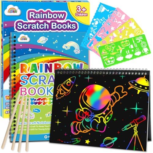ZMLM Scratch Paper Art-Crafts Gift: 2 Pack Rainbow Notebooks Supplies Toys Easter Basket Stuffers for 3 4 5 6 7 8 9 10 Years Old Girls and Boys Kids Birthday Party Games (Blue)