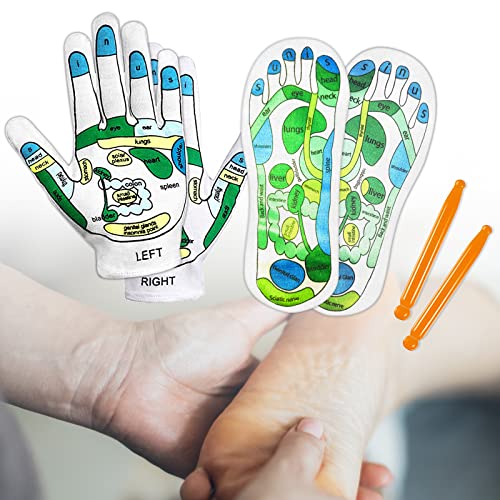 Elfzone Acupressure Reflexology Tools Set - 4 Pcs - Socks and Gloves, Tutorial Reflexology Gloves with Massage Sandal, Pain Relief Acupuncture Socks for Foot Massage， Beginner Acupoint Massage Tools