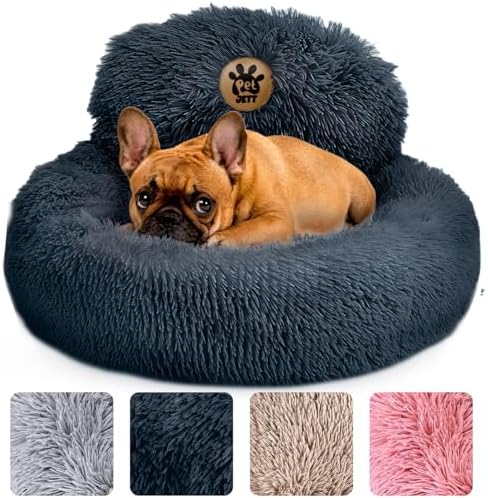 PetJett Calming Dog Bed - Donut Dog Beds for Small, Medium, Large Dogs, Anti-Slip & Washable Round Dog Bed - Fluffy Plush Faux Fur Pet Bed, Anti-Anxiety Puppy Bed, 23'' Fits Up to 25 lbs, Dark Grey
