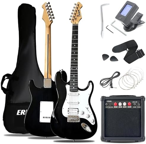 Ermik Soild Body Electric Guitar Kit with Amp 20W, Strings, Strap, Digital Tuner, Picks, Gig Bag, Cable, Tremolo Bar, 39" Full Size Guitar HSS Pickups Guitarra Electrica Beginner Gift - Black