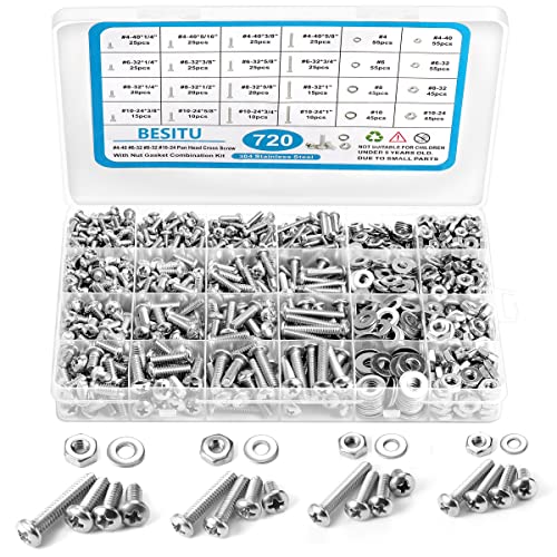 720Pcs Machine Screw Assortment Kit, #10-24#8-32#6-32#4-40 Phillips Pan Head Assorted Nuts Bolts and Flat Washers Kit, Stainless Steel Screws Hardware Assortment with Case