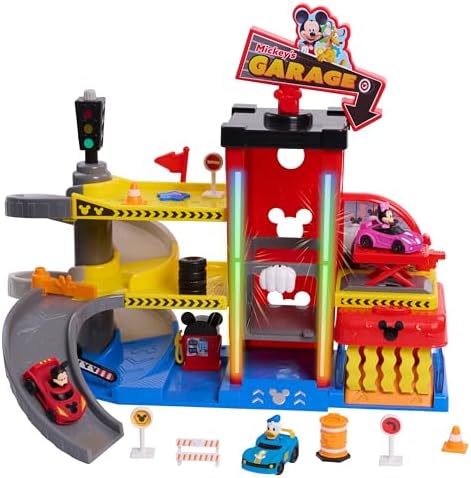 Disney Junior Mickey Mouse Ready to Race Toy Car Garage, Lights and Sounds, 19-Piece Vehicle Playset, Includes Bonus Character, Amazon Exclusive, Toys for Kids Ages 3 Up by Just Play