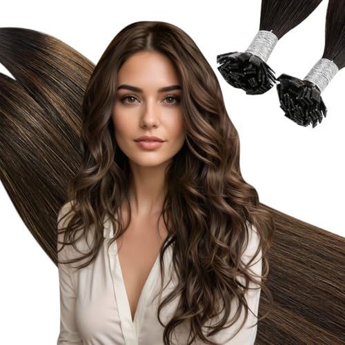 Ugeat Brown Flat Tip Hair Extensions Balayage Dark Brown with Medium Brown Balayage Pre Bonded Keratin Human Hair Extensions 16 Inch Real Human Hair Straight Flat Tip 50 Grams 50s